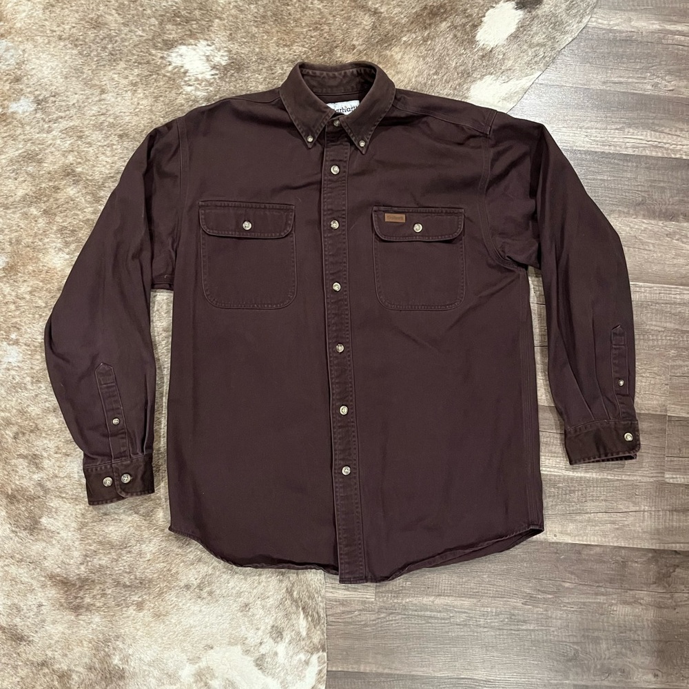 Vintage Carhartt Heavyweight Cotton Work Wear Button Up Shirt Brown Size M
